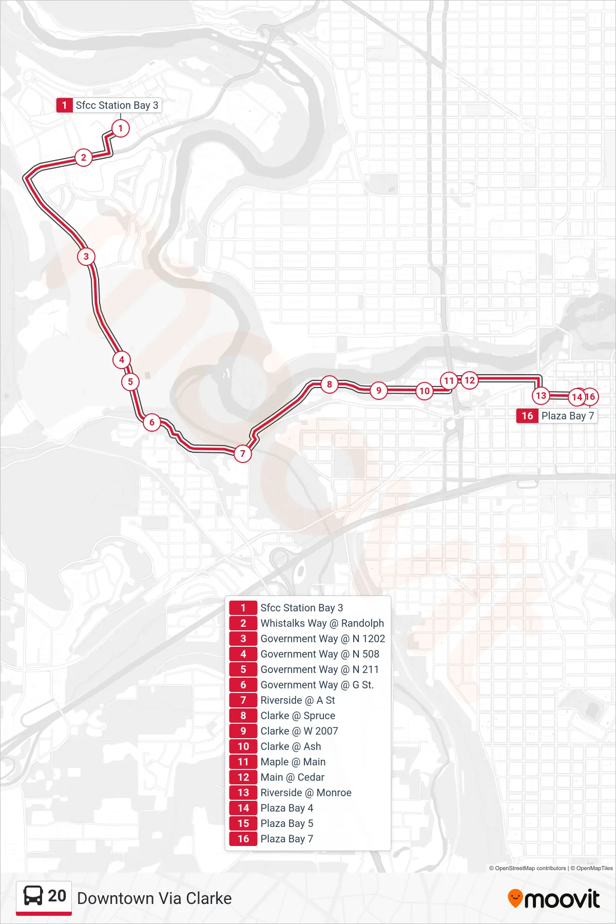 20 bus Line (Downtown Via Clarke) route and stops on a map