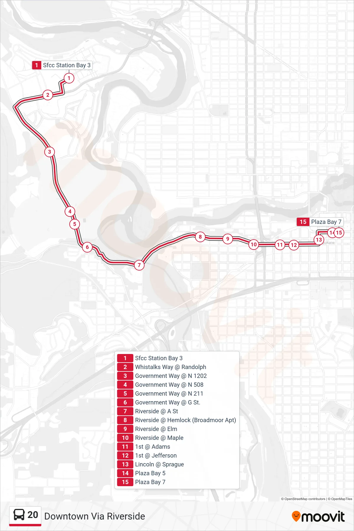 20 bus Line (Downtown Via Riverside) route and stops on a map
