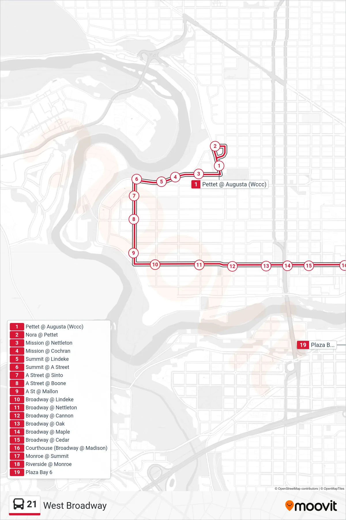 21 bus Line (Downtown) route and stops on a map