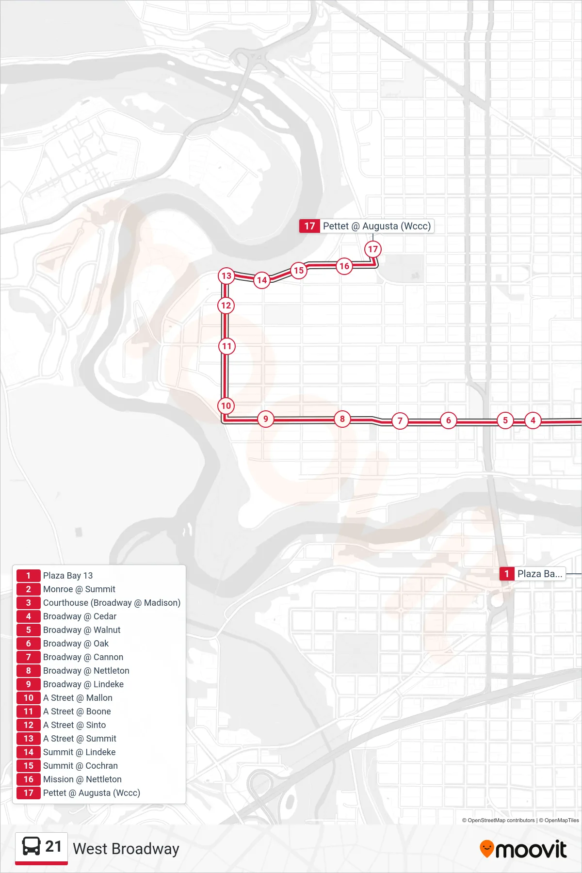 21 bus Line (West Central Community Center) route and stops on a map