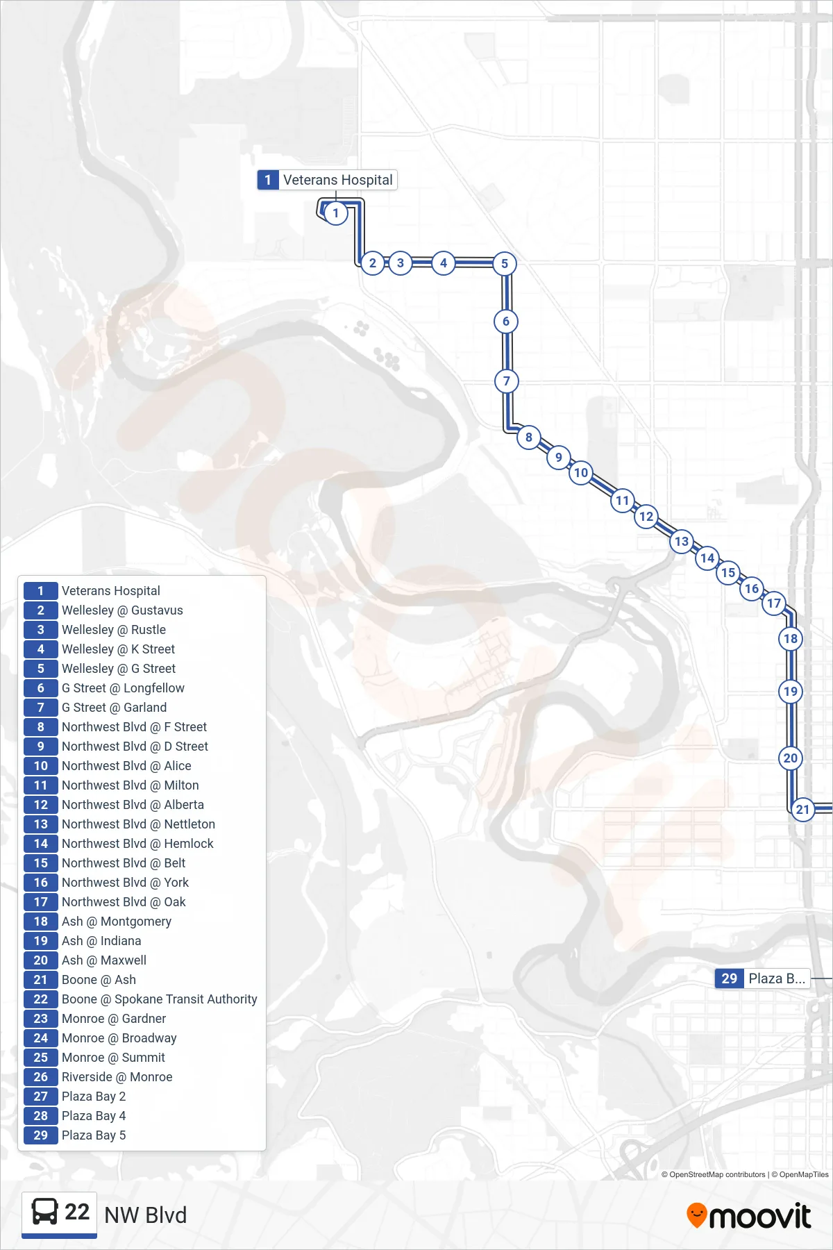 22 bus Line (Downtown) route and stops on a map