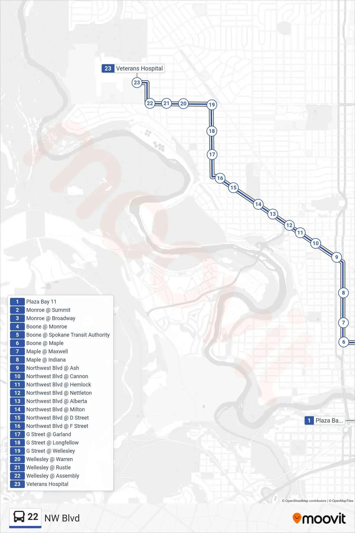 22 bus Line (Veterans Medical Center) route and stops on a map