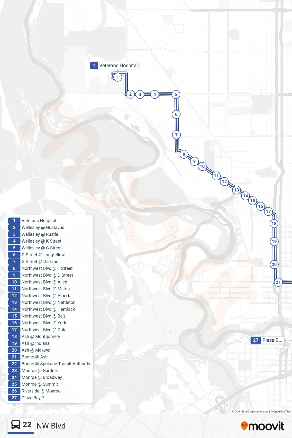 22 bus Line (To Downtown) route and stops on a map
