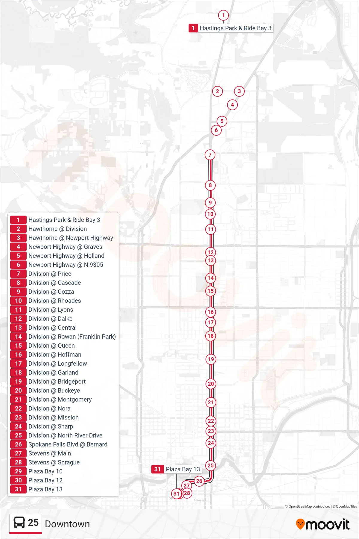 25 bus Line (Downtown) route and stops on a map