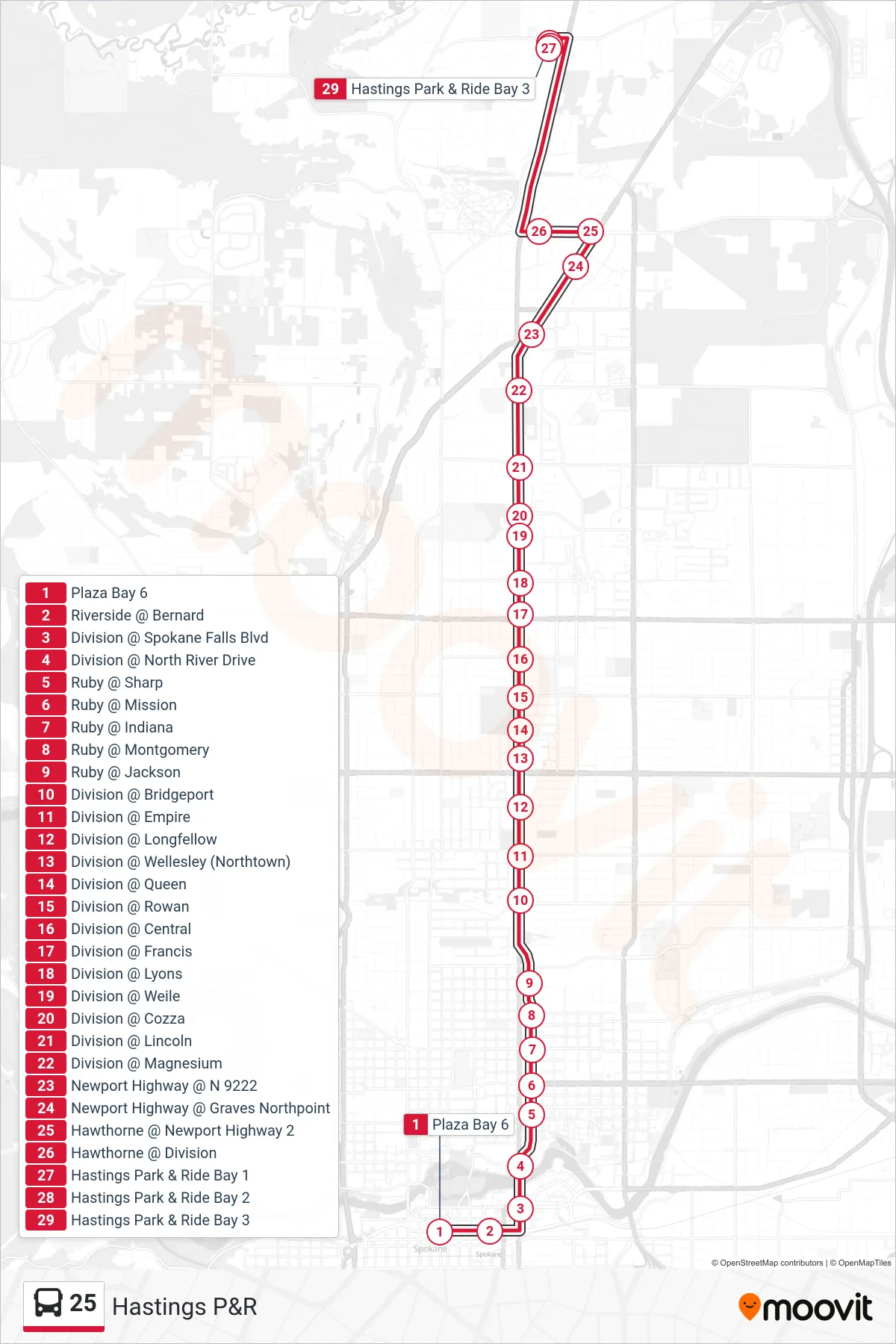 25 bus Line (Hastings P&R) route and stops on a map