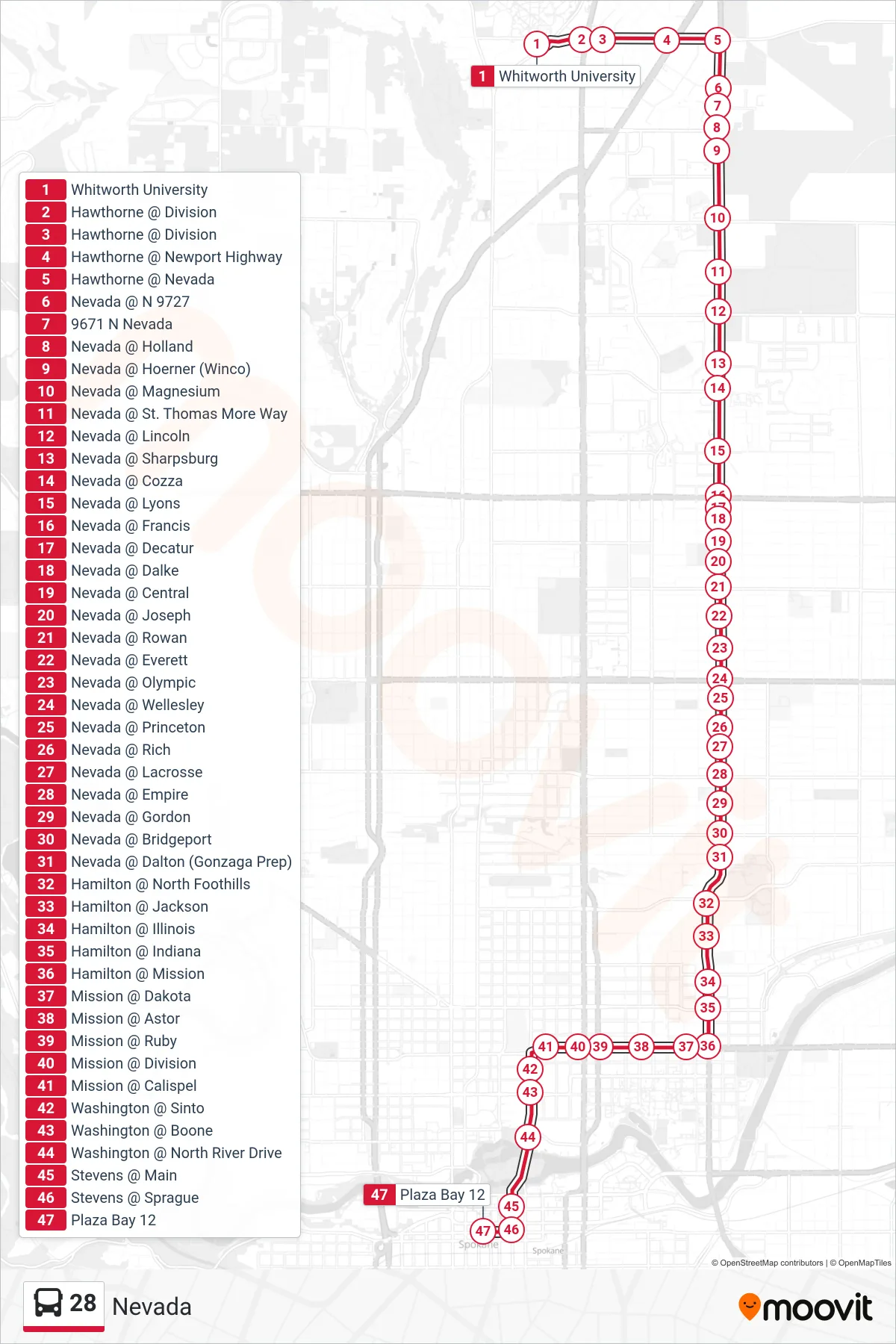 28 bus Line (Downtown) route and stops on a map