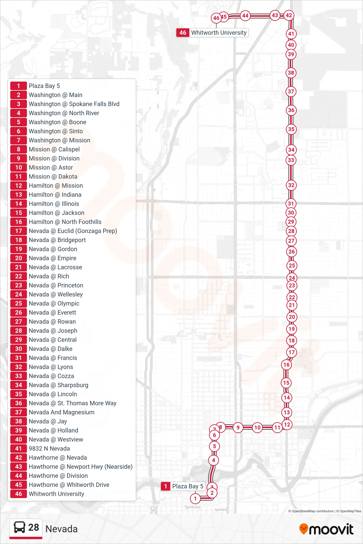 28 bus Line (Whitworth University) route and stops on a map