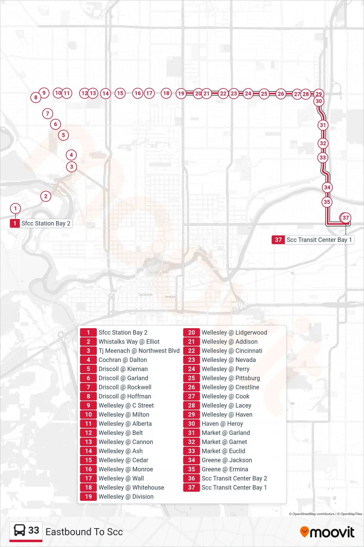 33 bus Line (Eastbound To Scc) route and stops on a map