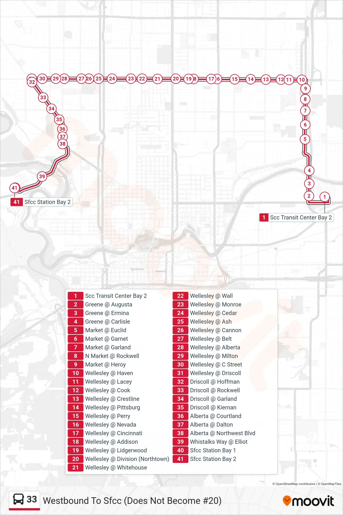 33 bus Line (Westbound To Sfcc (Does Not Become #20)) route and stops on a map