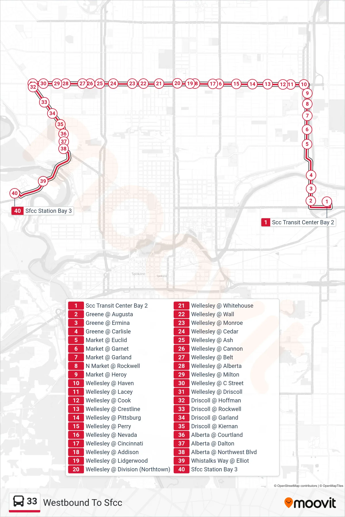 33 bus Line (Westbound To Sfcc) route and stops on a map