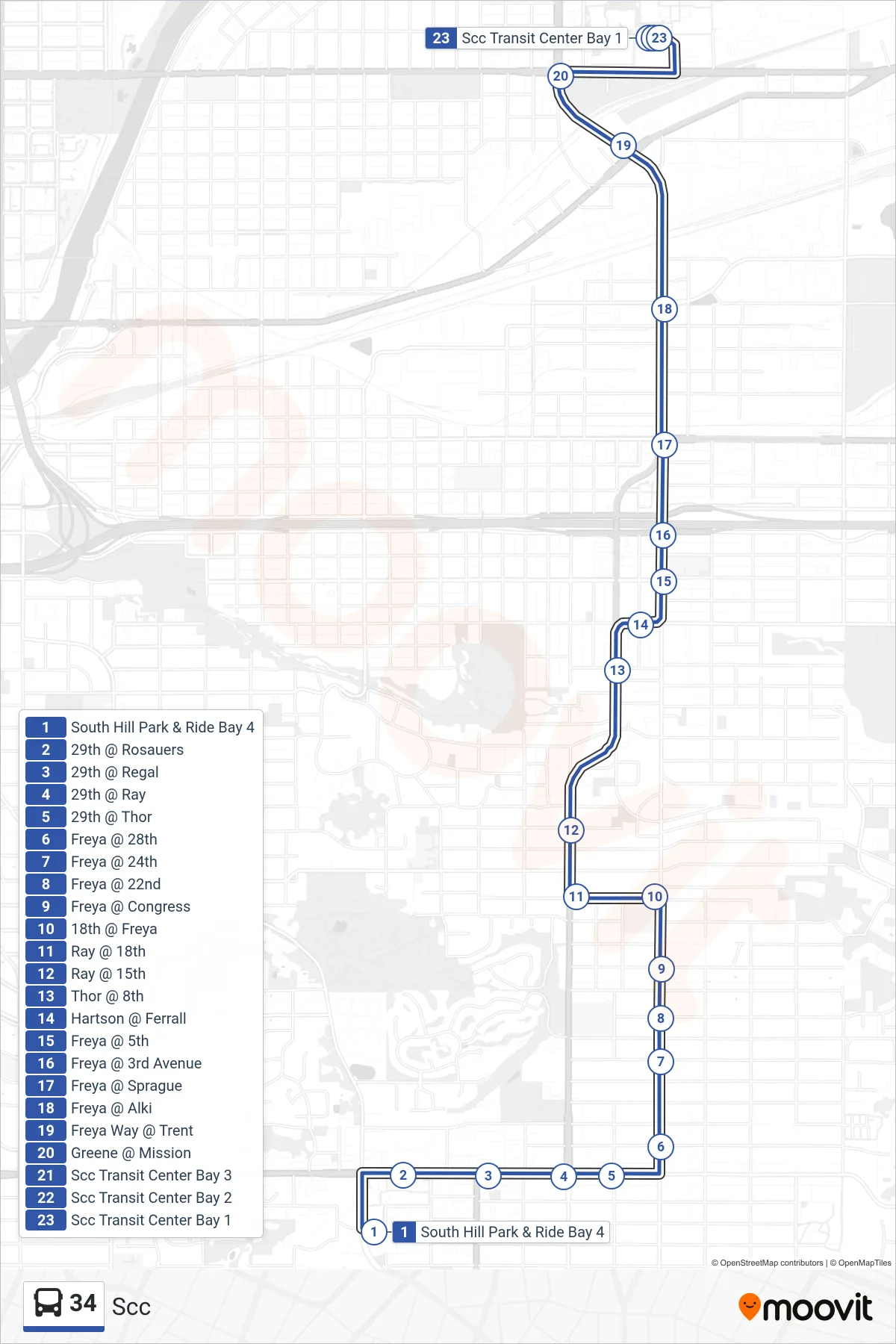 34 bus Line (Scc) route and stops on a map