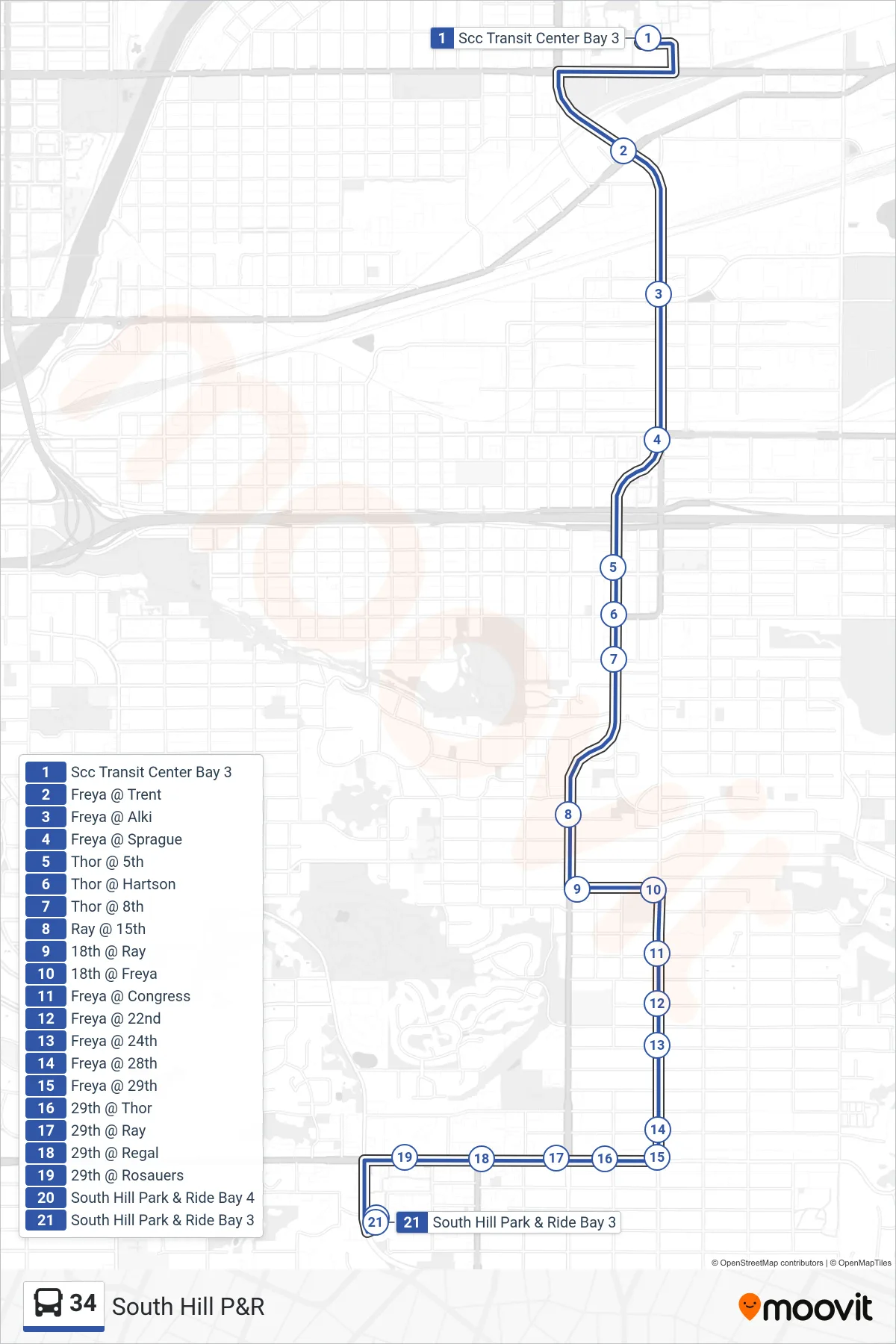 34 bus Line (South Hill P&R) route and stops on a map