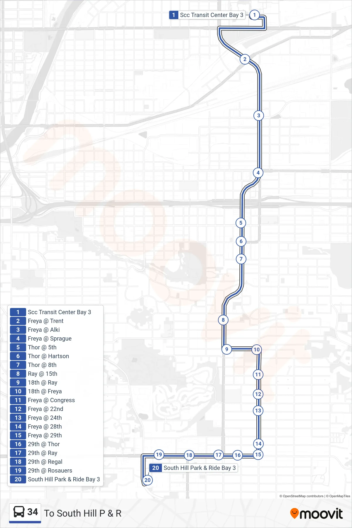 34 bus Line (To South Hill P & R) route and stops on a map