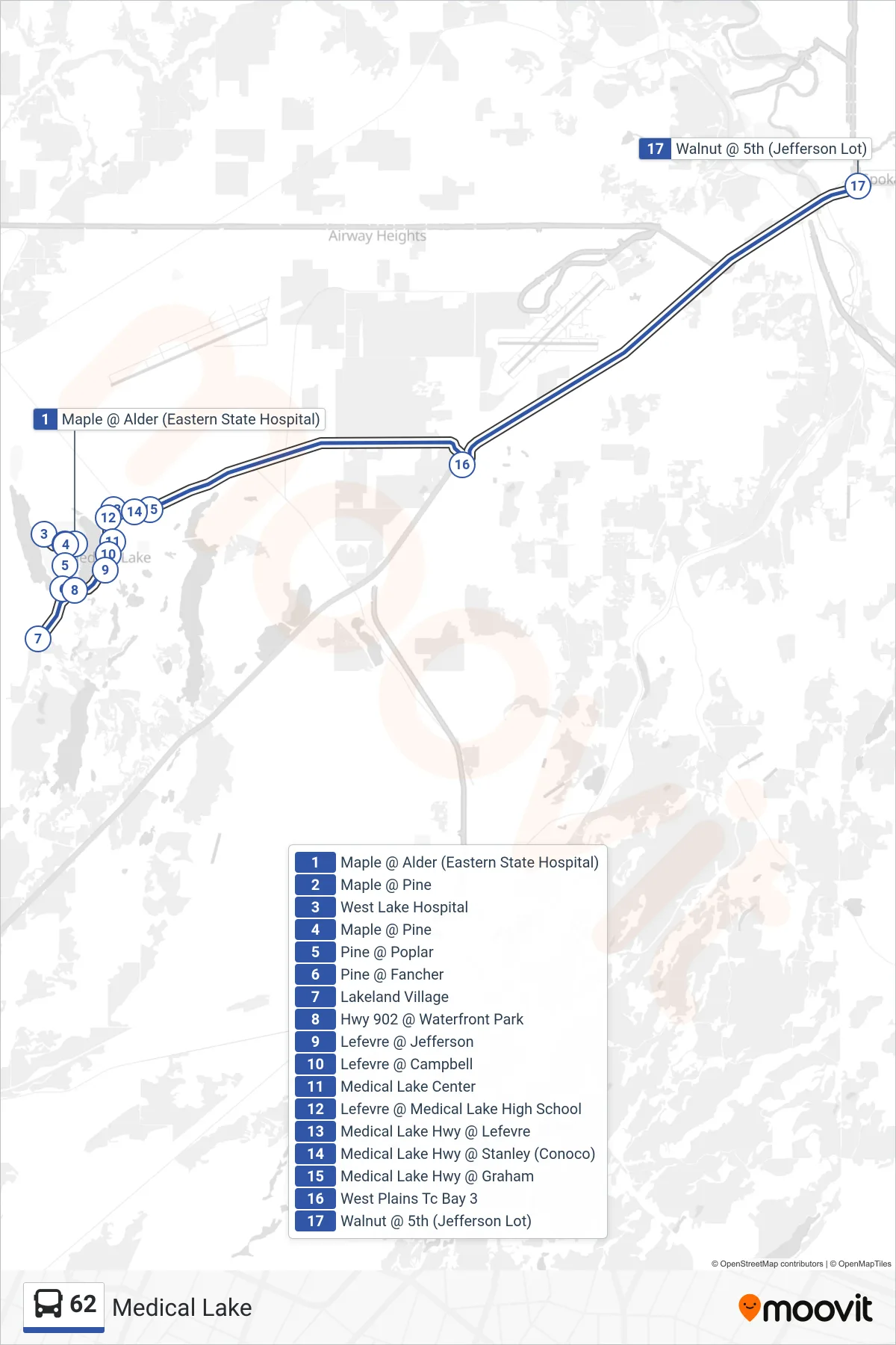 62 bus Line (Jefferson P&R Only) route and stops on a map