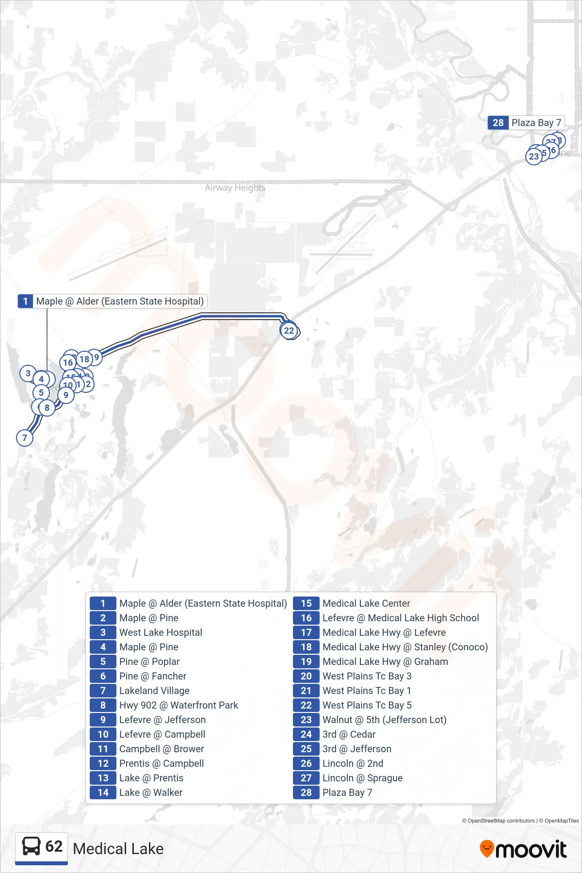 62 bus Line (West Plains Transit Center) route and stops on a map