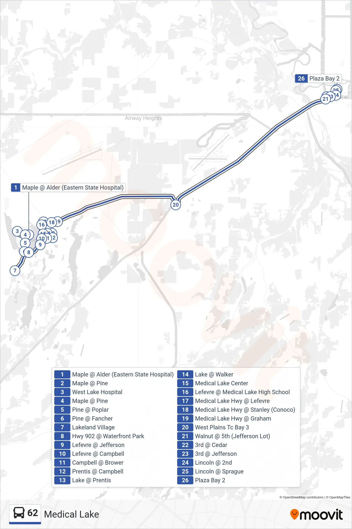 62 bus Line (Downtown Via Wptc) route and stops on a map