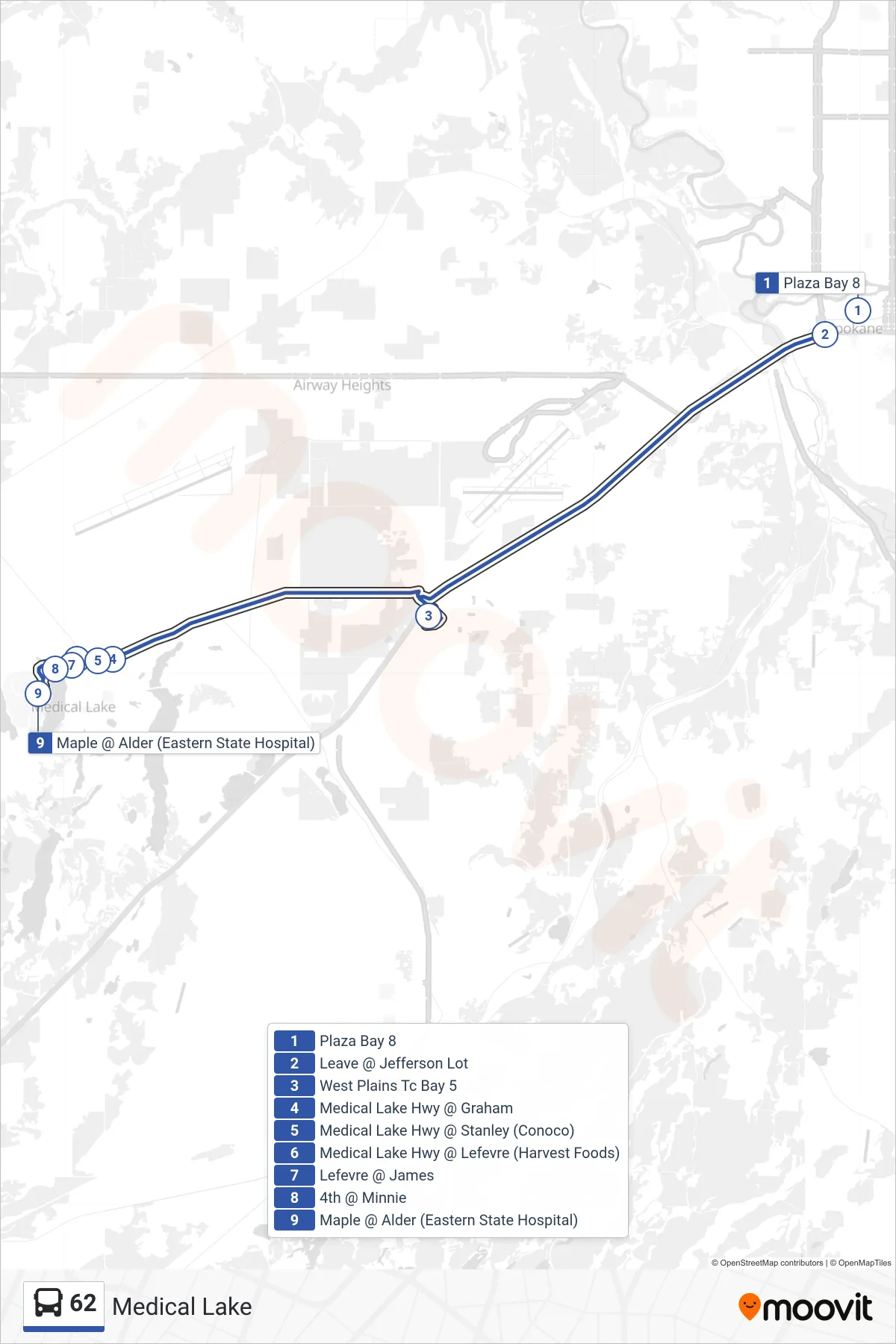 62 bus Line (Medical Lake) route and stops on a map