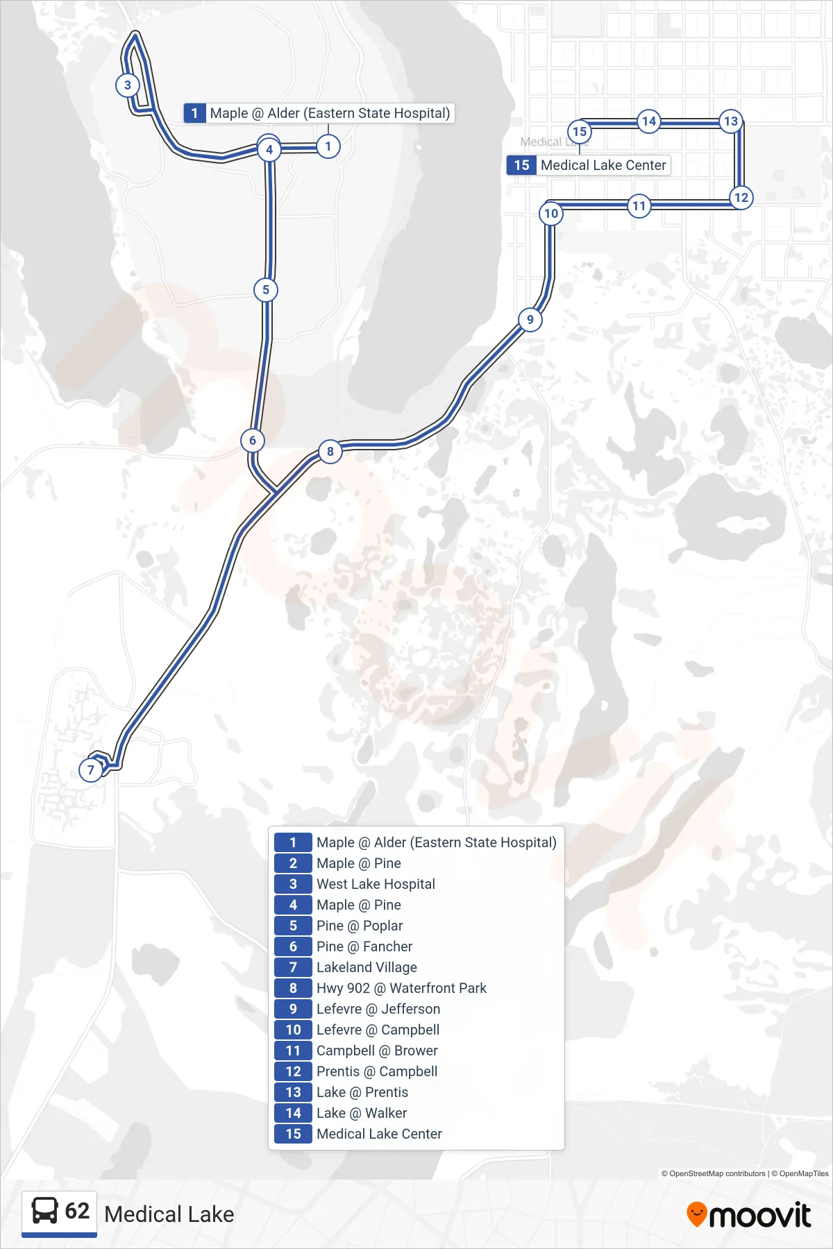 62 bus Line (Medical Lake Center) route and stops on a map