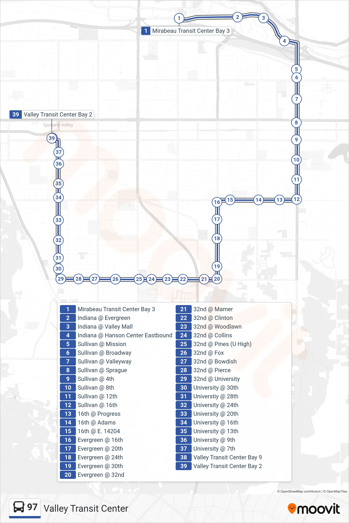 97 bus Line (Valley Transit Center) route and stops on a map