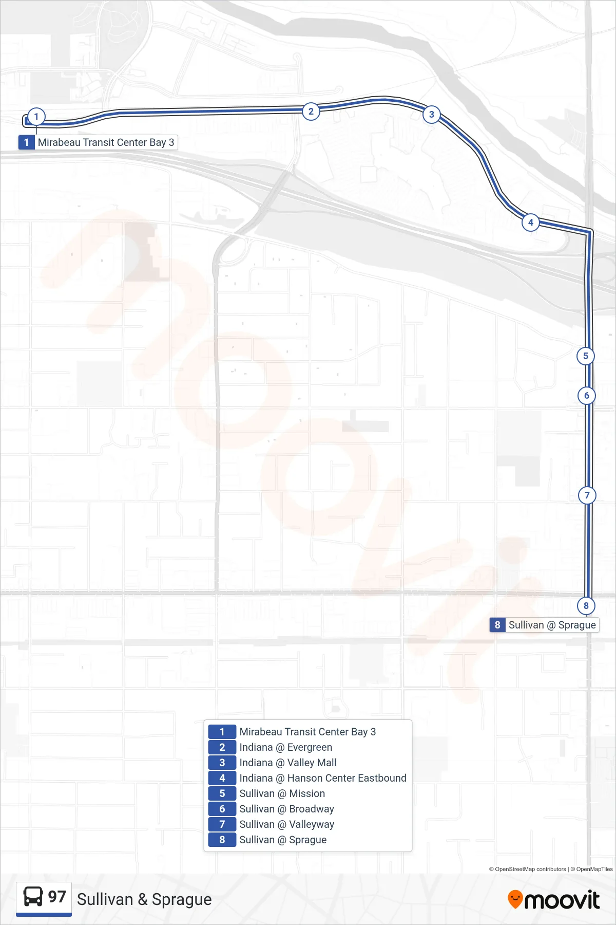 97 bus Line (Sullivan & Sprague) route and stops on a map