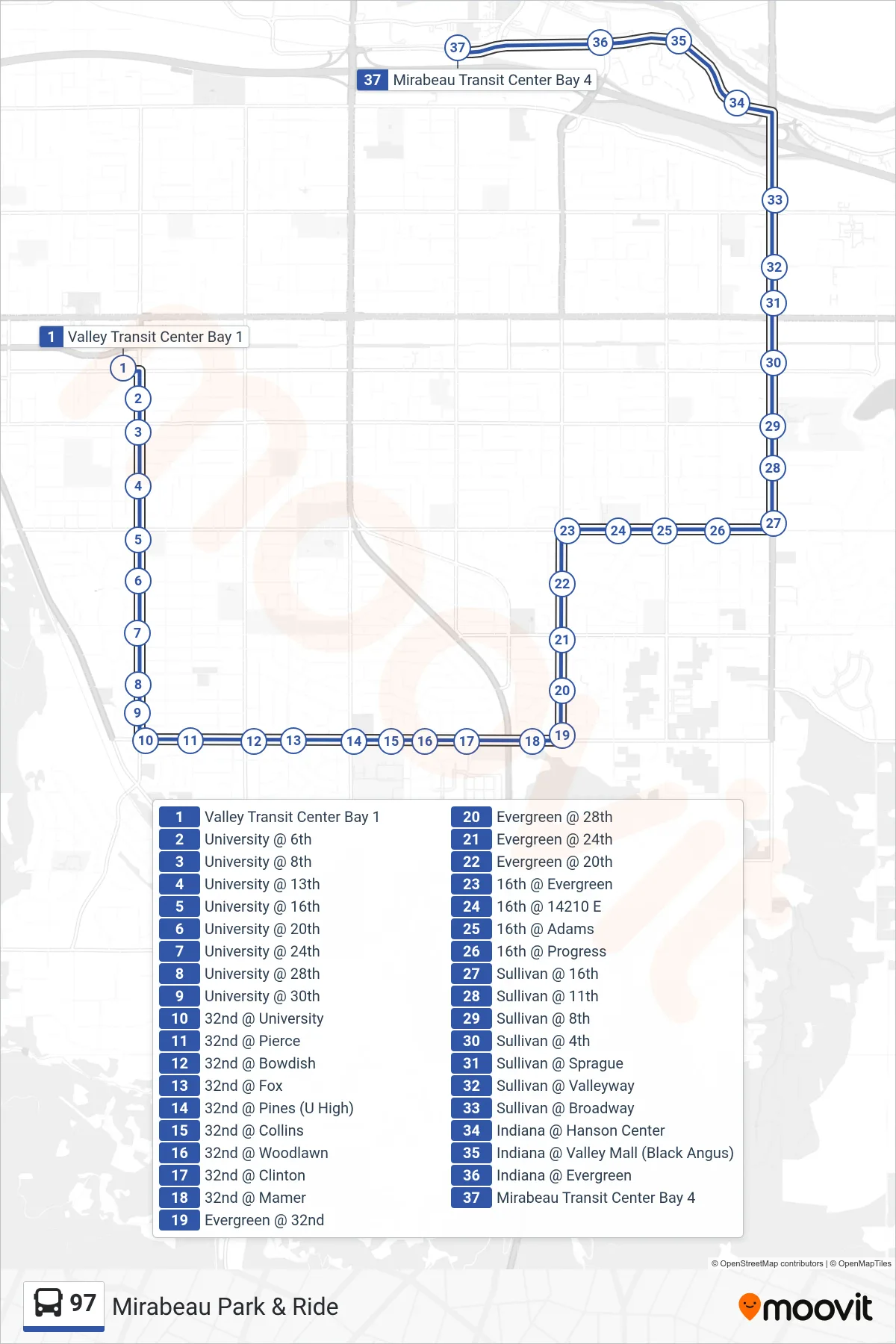 97 bus Line (Mirabeau Park & Ride) route and stops on a map