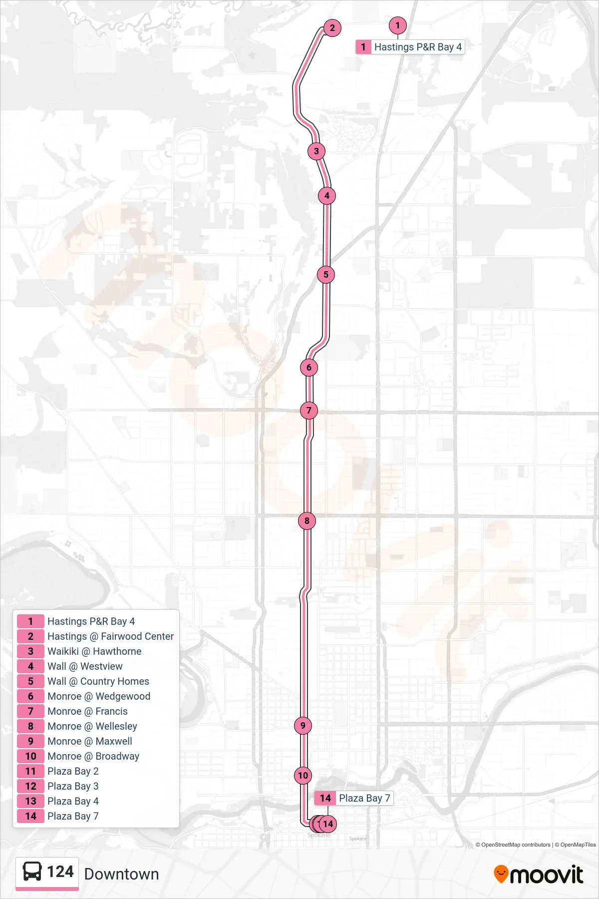 124 bus Line (Downtown) route and stops on a map