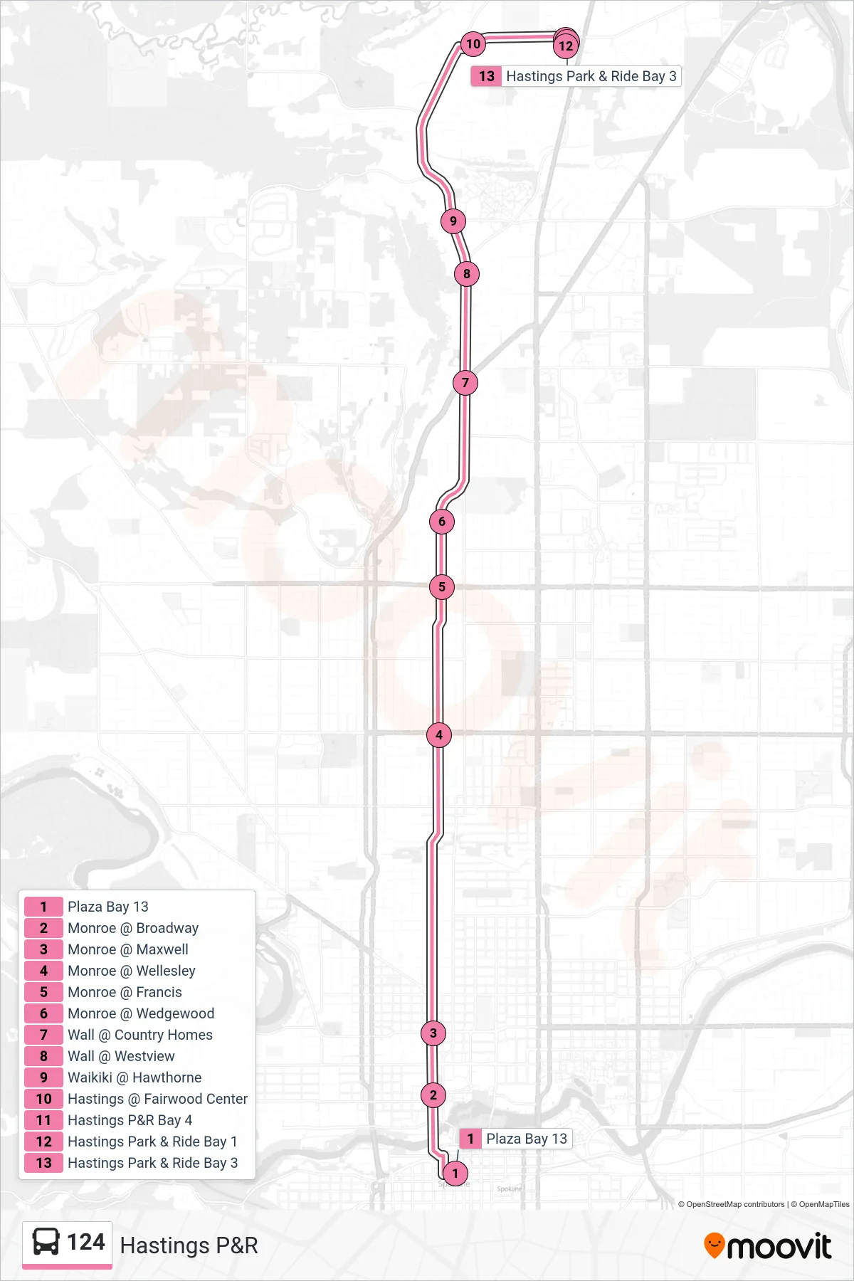 124 bus Line (Hastings P&R) route and stops on a map
