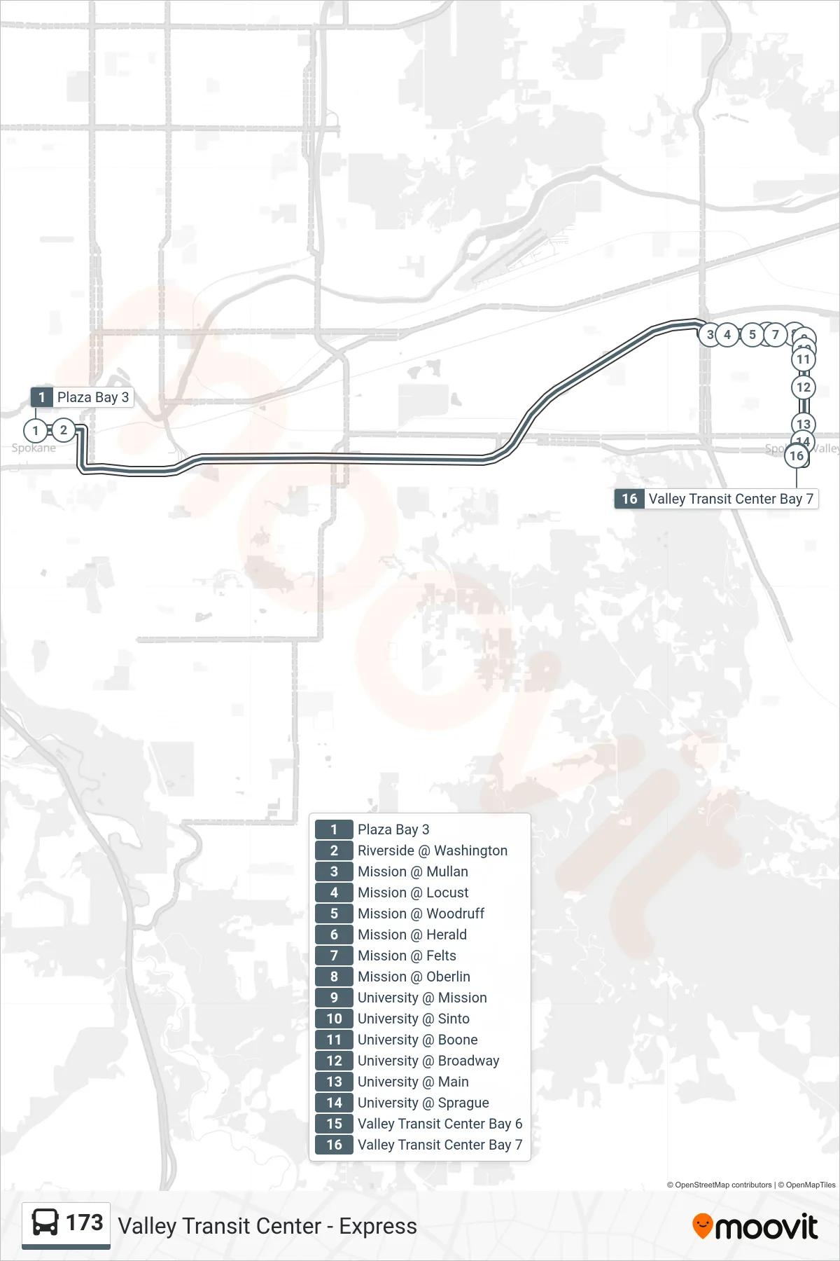 173 bus Line (Valley Transit Center - Express) route and stops on a map