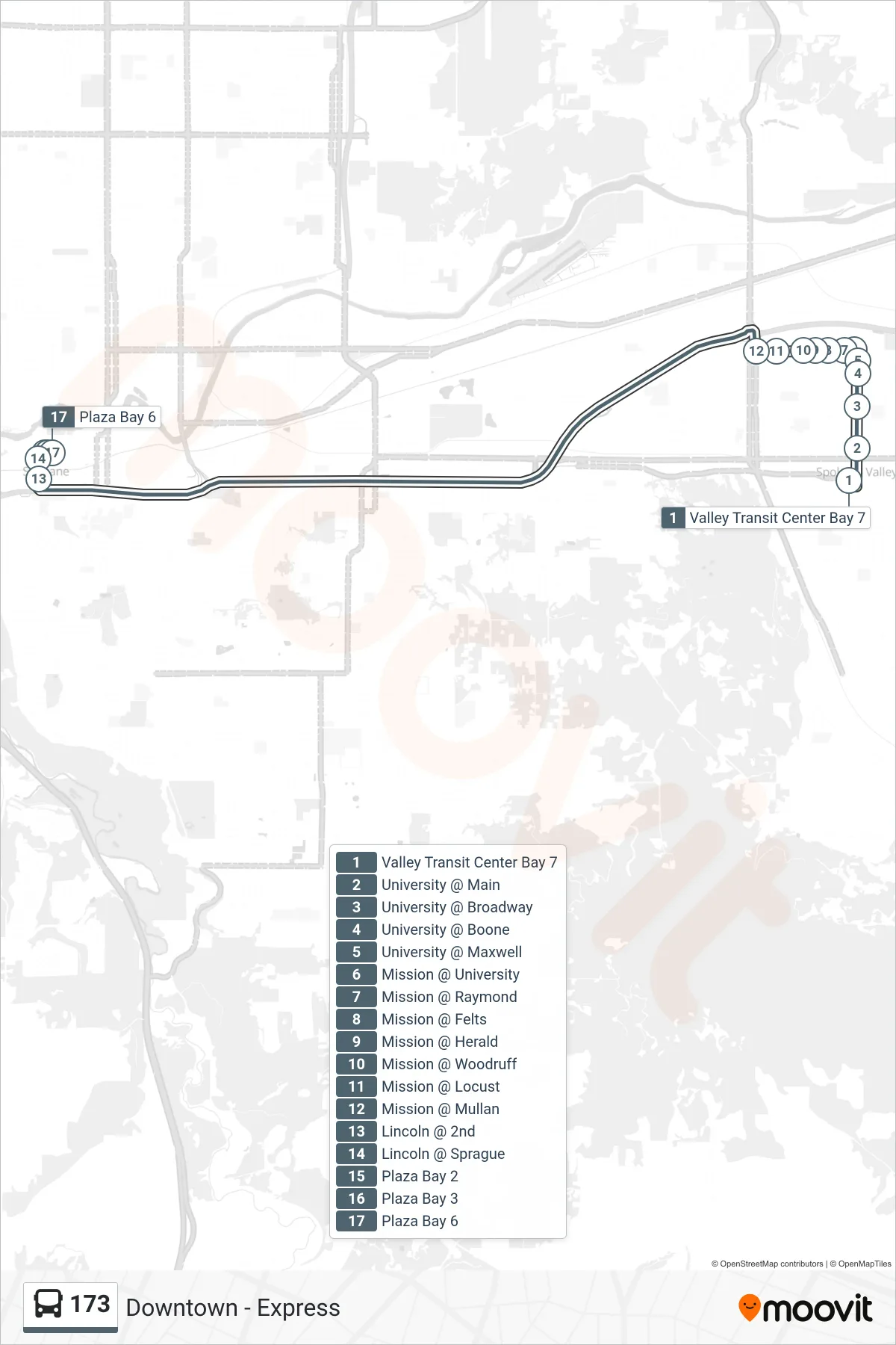 173 bus Line (Downtown - Express) route and stops on a map