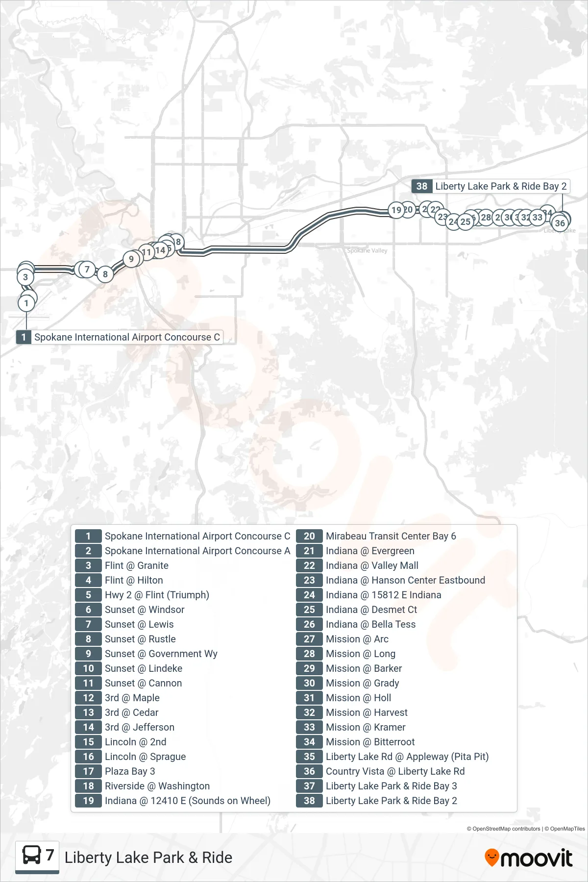 7 bus Line (Liberty Lake Park & Ride) route and stops on a map