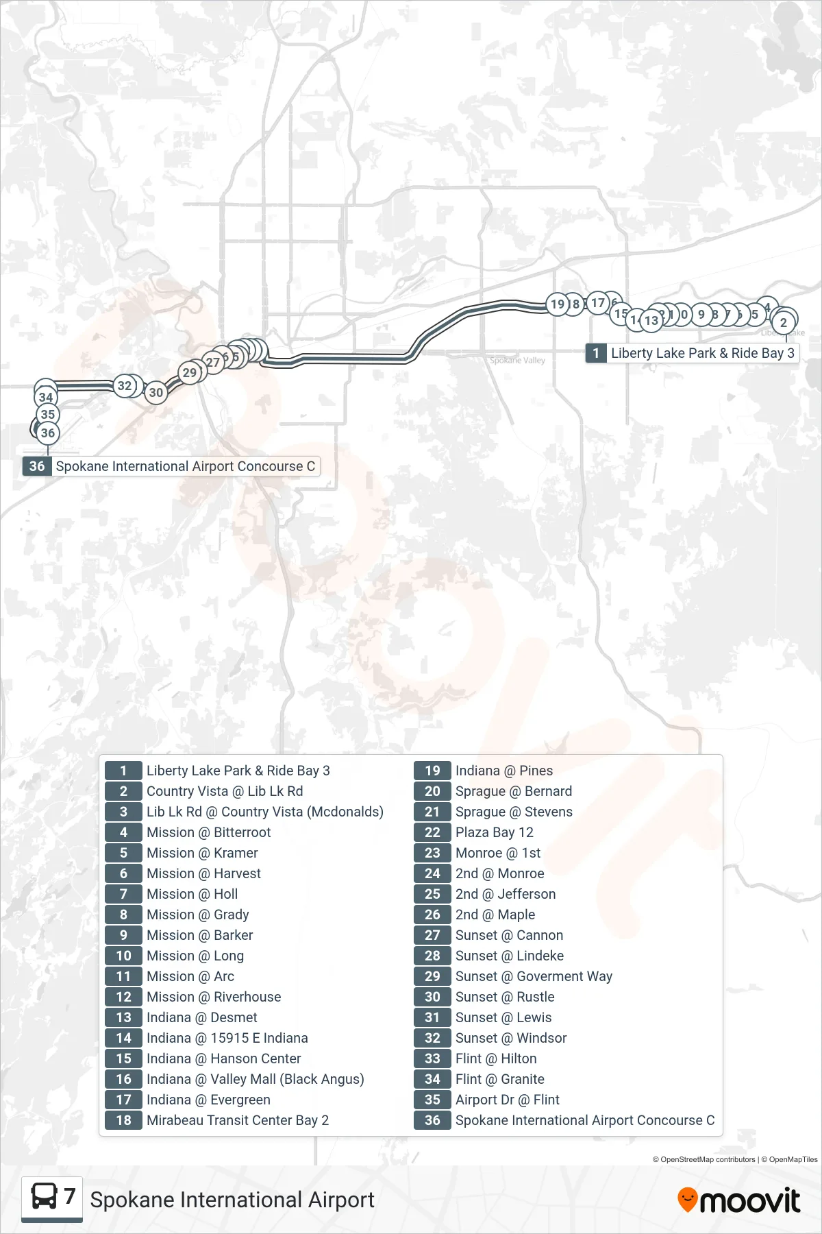 7 bus Line (Spokane International Airport) route and stops on a map