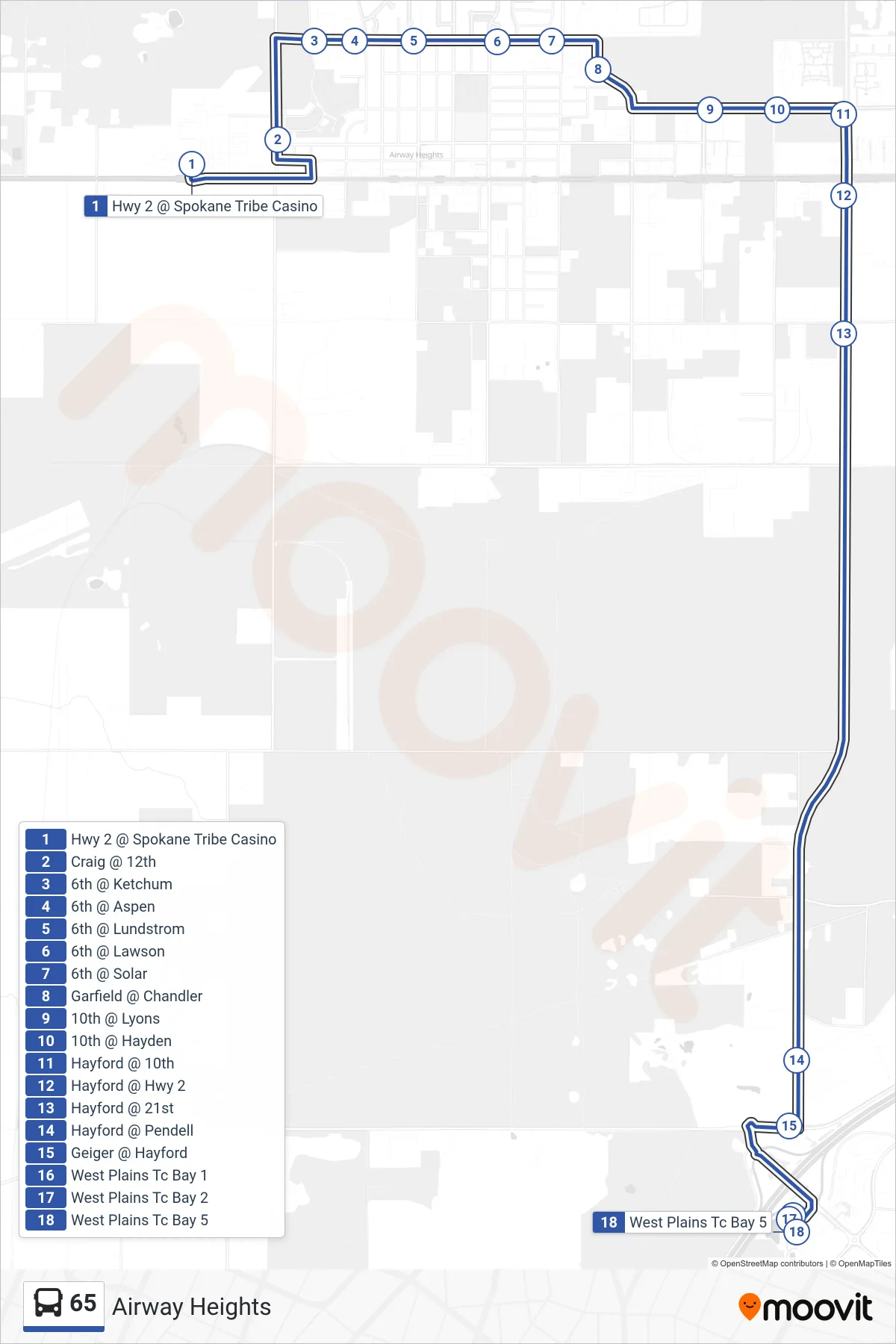 65 bus Line (West Plains Transit Center) route and stops on a map