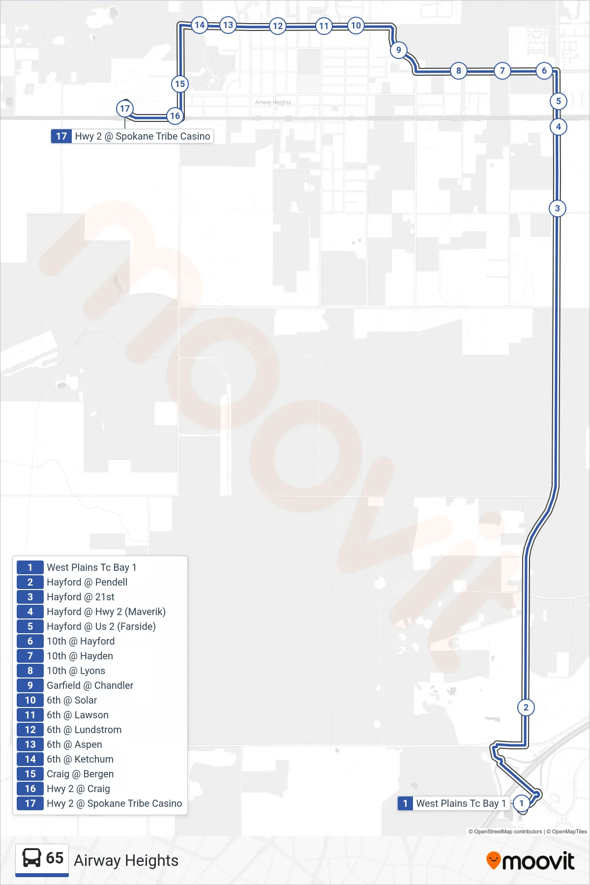 65 bus Line (Spokane Tribe Casino) route and stops on a map