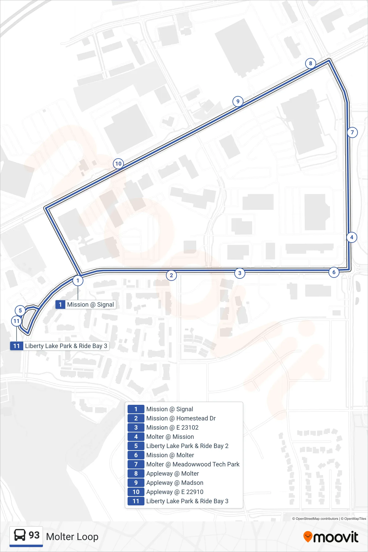 93 bus Line (Molter Loop) route and stops on a map