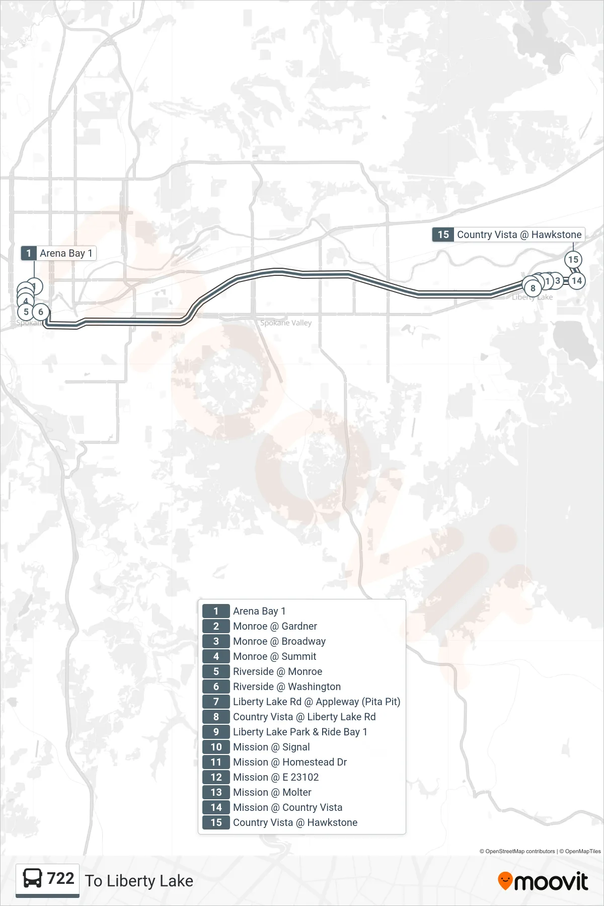 722 bus Line (To Liberty Lake) route and stops on a map