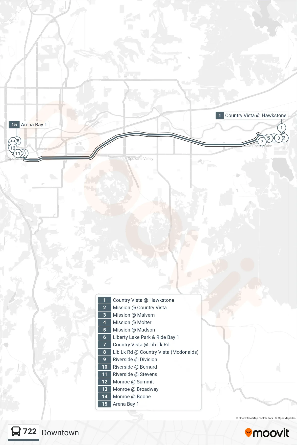 722 bus Line (Downtown) route and stops on a map