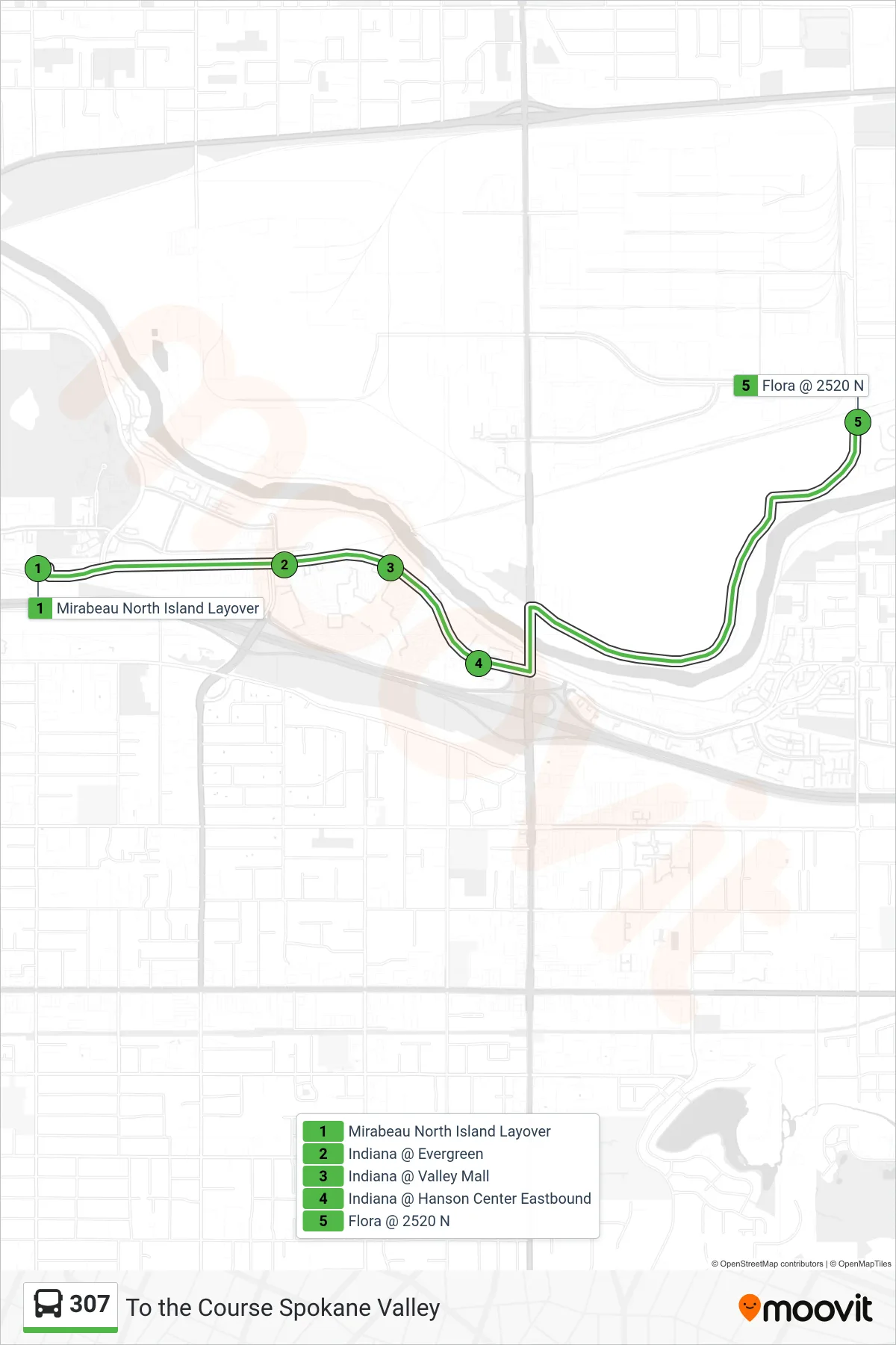 307 bus Line (To the Course Spokane Valley) route and stops on a map