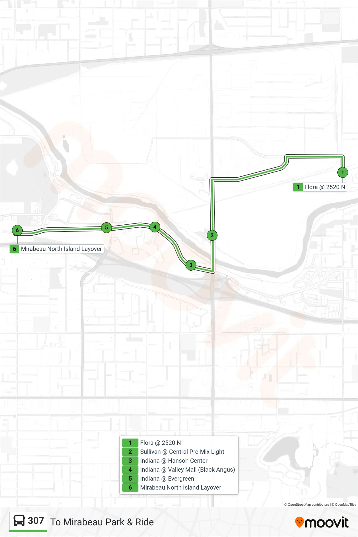 307 bus Line (To Mirabeau Park & Ride) route and stops on a map