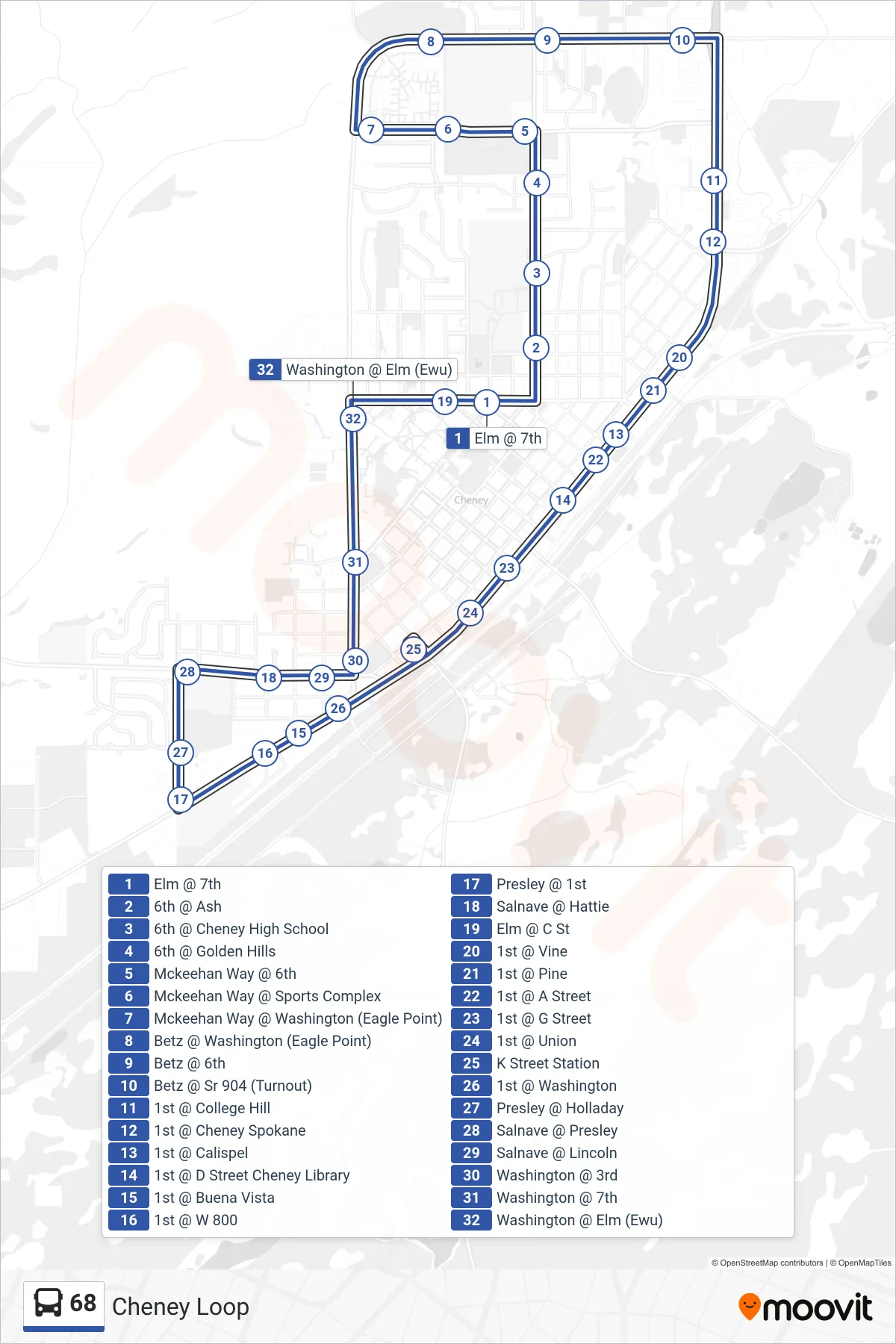 68 bus Line (Cheney Loop) route and stops on a map