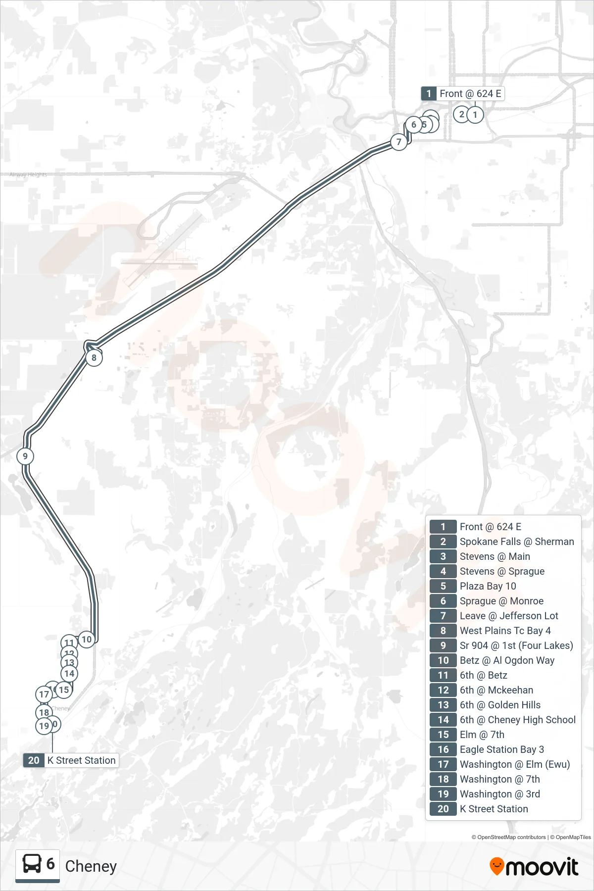6 bus Line (Cheney) route and stops on a map