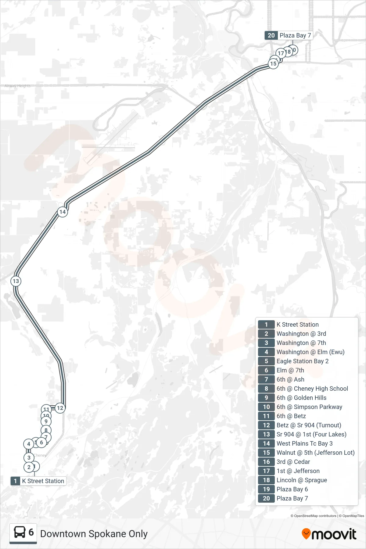 6 bus Line (Downtown Spokane Only) route and stops on a map