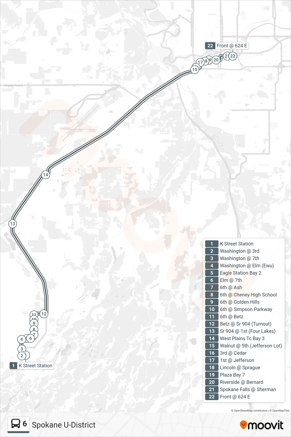 6 bus Line (Spokane U-District) route and stops on a map