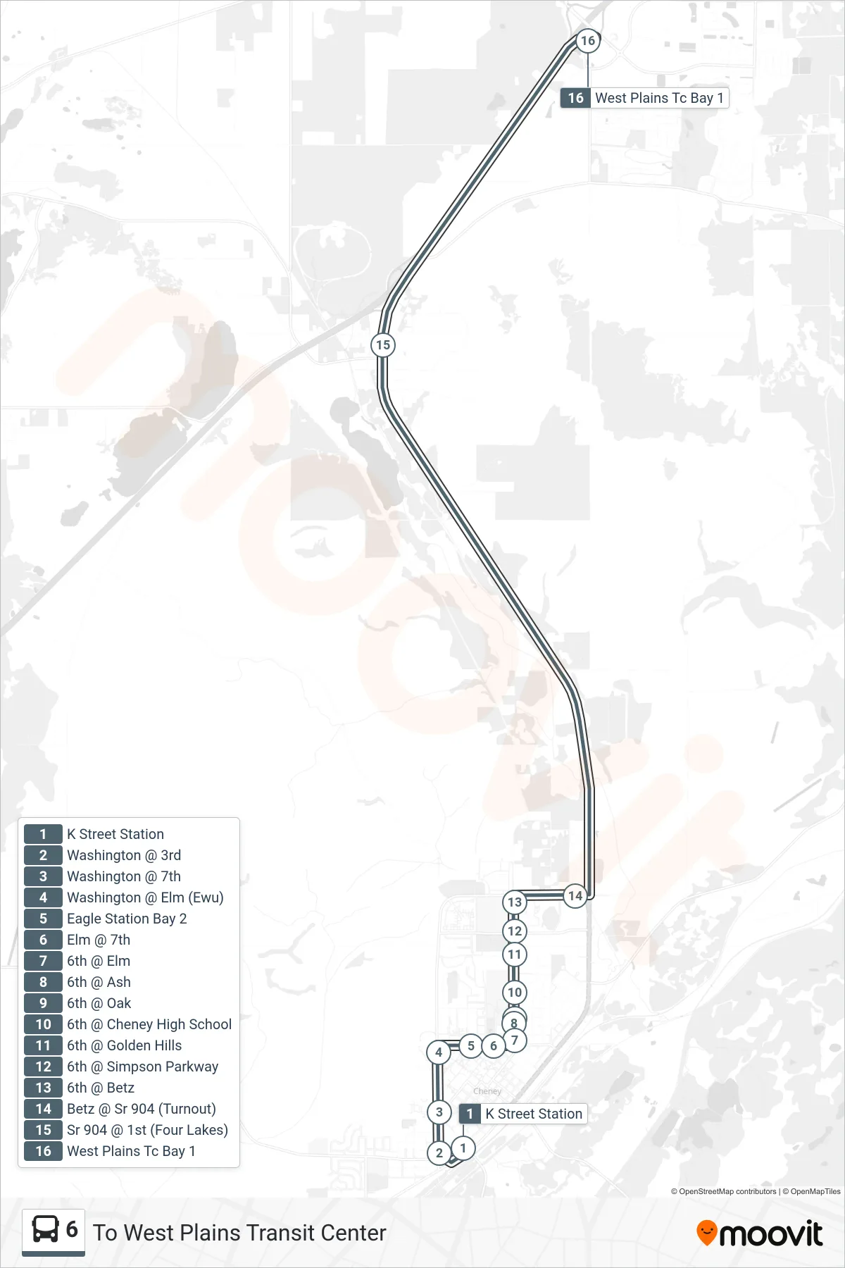 6 bus Line (To West Plains Transit Center) route and stops on a map