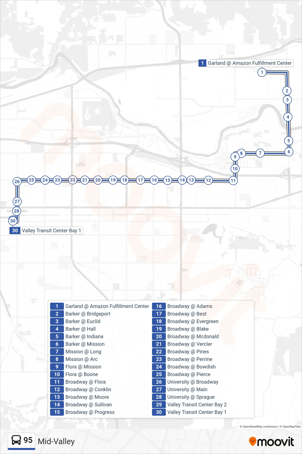95 bus Line (Valley Transit Center) route and stops on a map