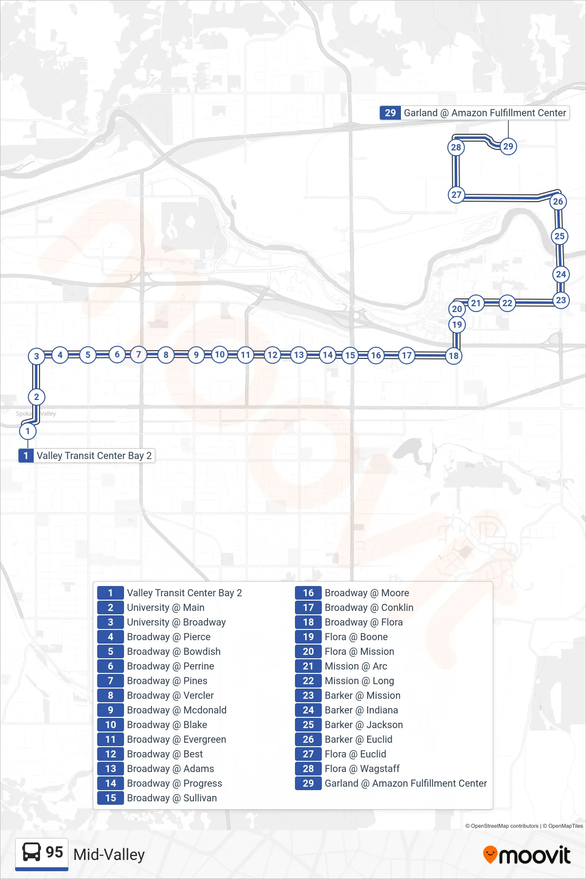 95 bus Line (Amazon Fulfillment Center (Valley)) route and stops on a map