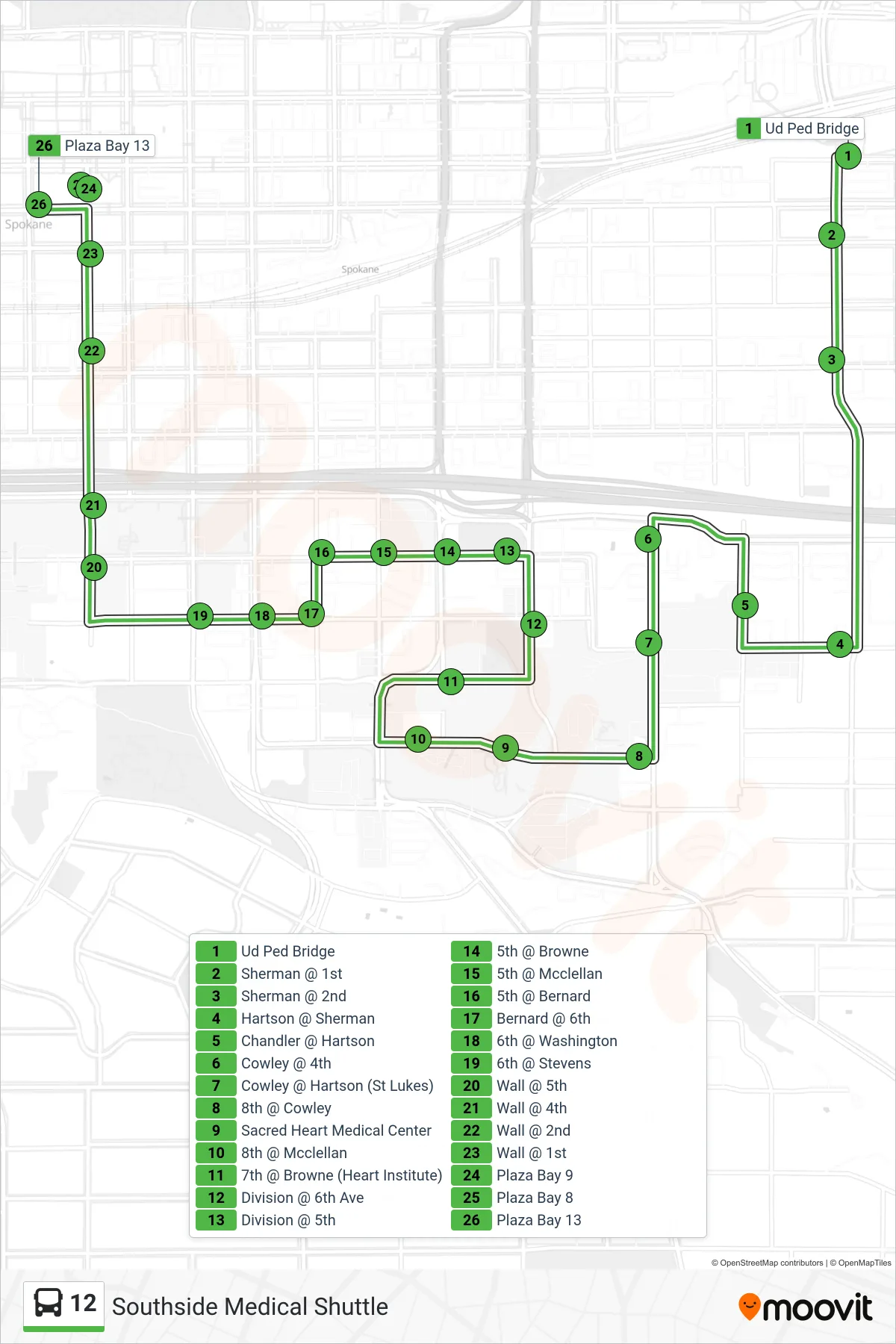 12 bus Line (Downtown) route and stops on a map