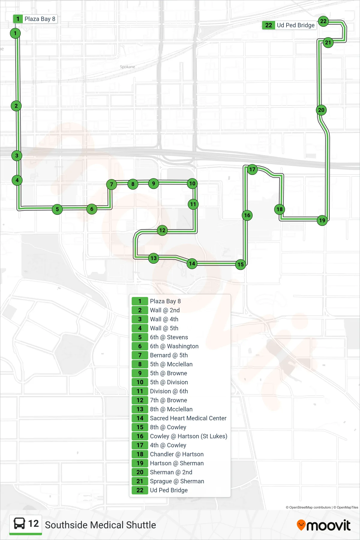 12 bus Line (Sprague & Sherman (U-District)) route and stops on a map