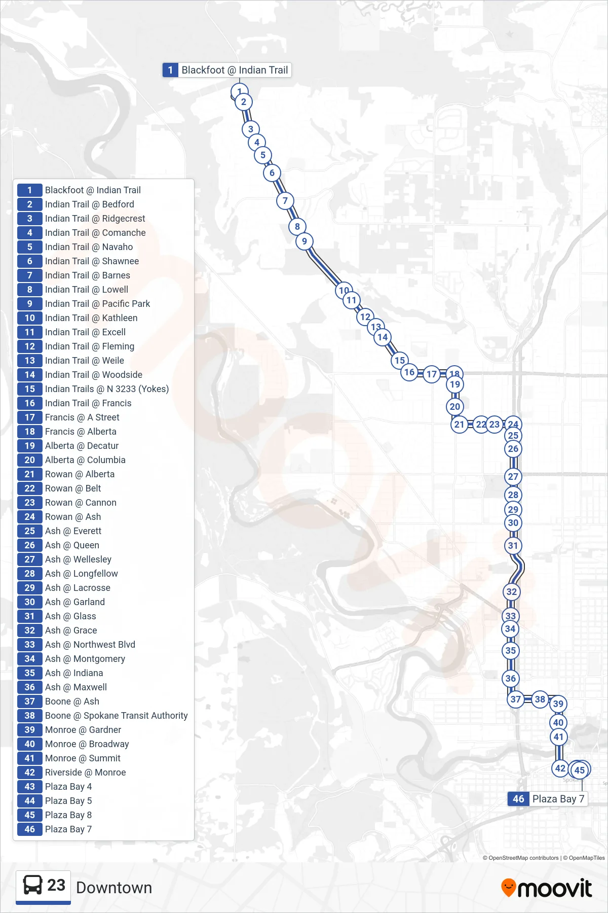 23 bus Line (Downtown) route and stops on a map