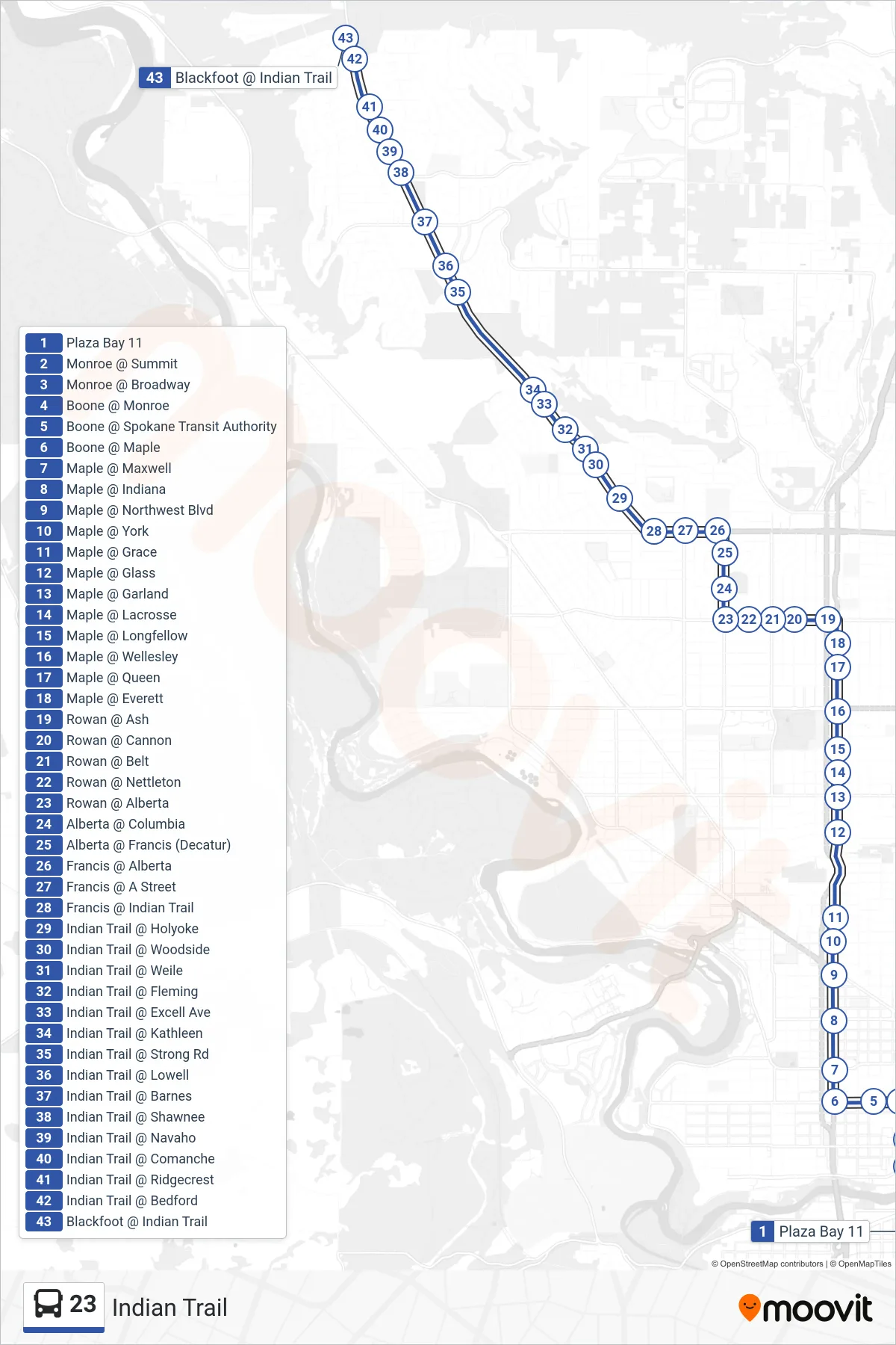 23 bus Line (Indian Trail) route and stops on a map