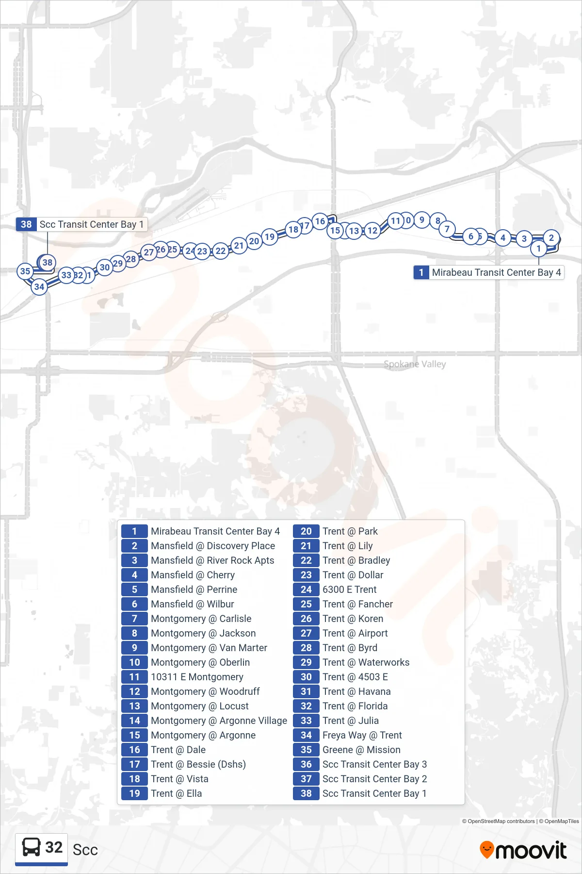 32 bus Line (Scc) route and stops on a map